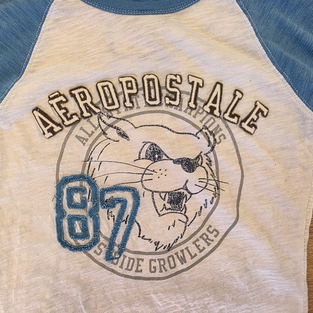 y2k Vintage Aeropostale Blue White Cotton Graphic Baseball Tee 2000s mcbling